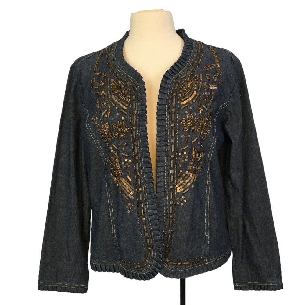 Hannah Classic Blue Denim Metal Beaded Blazer, Ruffle,Jacket, size Small